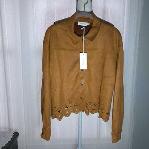 TAELYNN NWT Long Sleeve Snap Up Front Crop Jacket Honey Brown w/Die Cut-Outs L